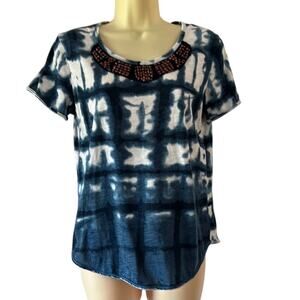 Blue & White Batik Look Knit Top with Beaded Neck Edge Woman Size Small